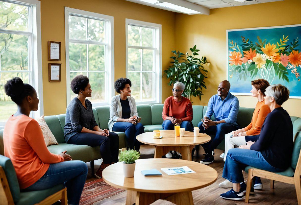 A warm and inviting scene depicting a diverse group of people gathered in a cozy community center, engaging in supportive conversations about cancer treatment and wellness. Include elements such as group therapy circles, informational pamphlets, and healthy snacks on the table. Soft, natural lighting enhances the atmosphere, with plants adorning the space to symbolize growth and hope. Illustrate a sense of camaraderie and advocacy among the individuals. vibrant colors. super-realistic.