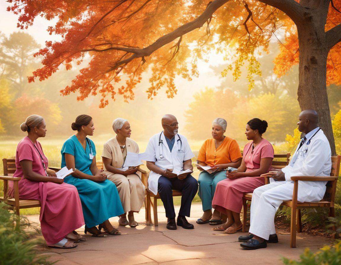A compassionate healthcare scene featuring a diverse group of patients and doctors in a supportive environment. Highlight the exchange of information through pamphlets on cancer awareness, while a serene nature backdrop symbolizes hope and healing. Include warm colors to evoke a sense of community and empowerment. super-realistic. vibrant colors. warm tones.
