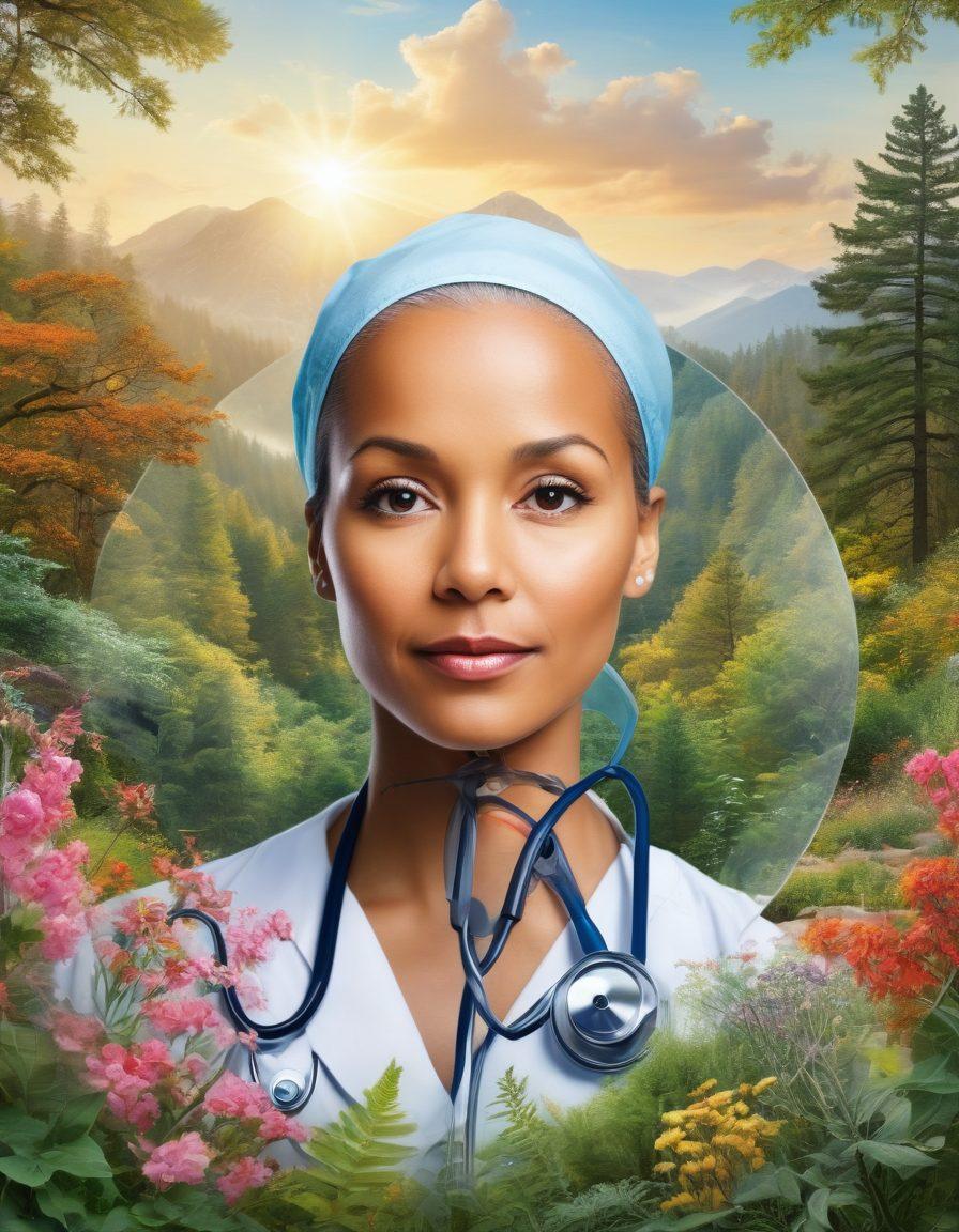 An intricate collage depicting various facets of oncology, featuring a stethoscope, cancer awareness ribbons, and diverse patients of different ages and ethnicities engaged with healthcare professionals, surrounded by a serene nature backdrop symbolizing hope and healing. Integrate elements like health charts and supportive resources in a cohesive design. bright colors. super-realistic.